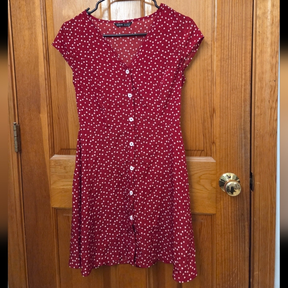 SHEIN Red and White Button-Front Midi Dress